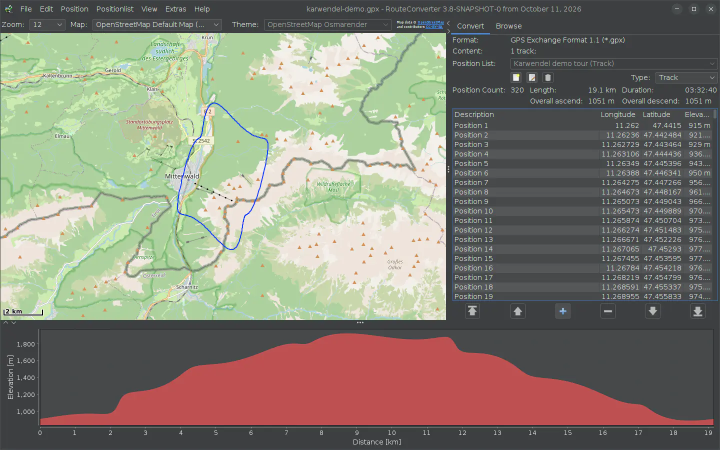 RouteConverter sous Linux avec une randonnée de démonstration près de Mittenwald, sa liste des positions et le profil d’altitude