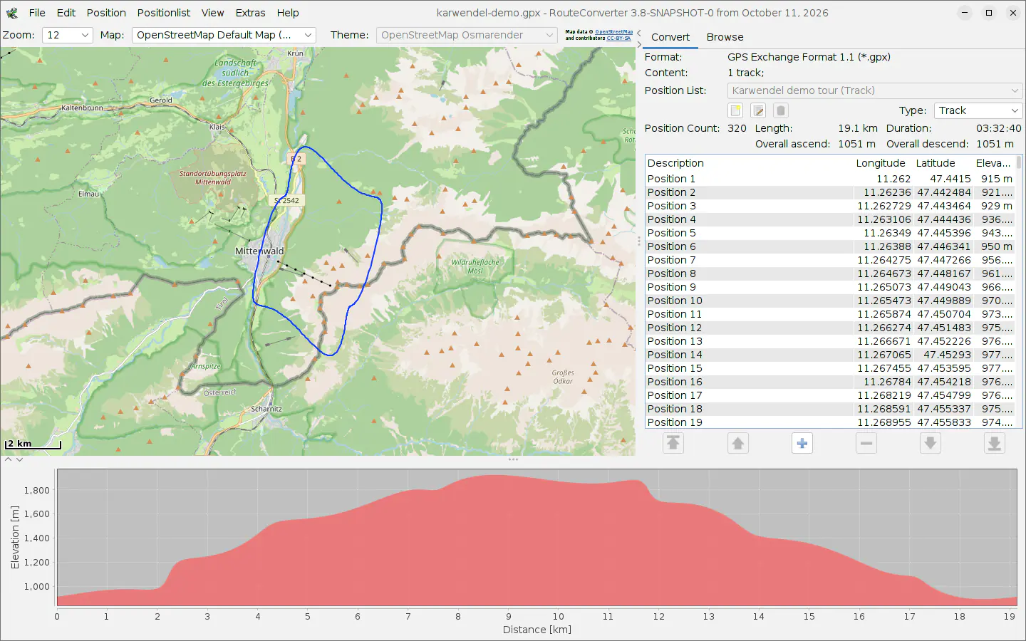 RouteConverter sous Linux avec une randonnée de démonstration près de Mittenwald, sa liste des positions et le profil d’altitude