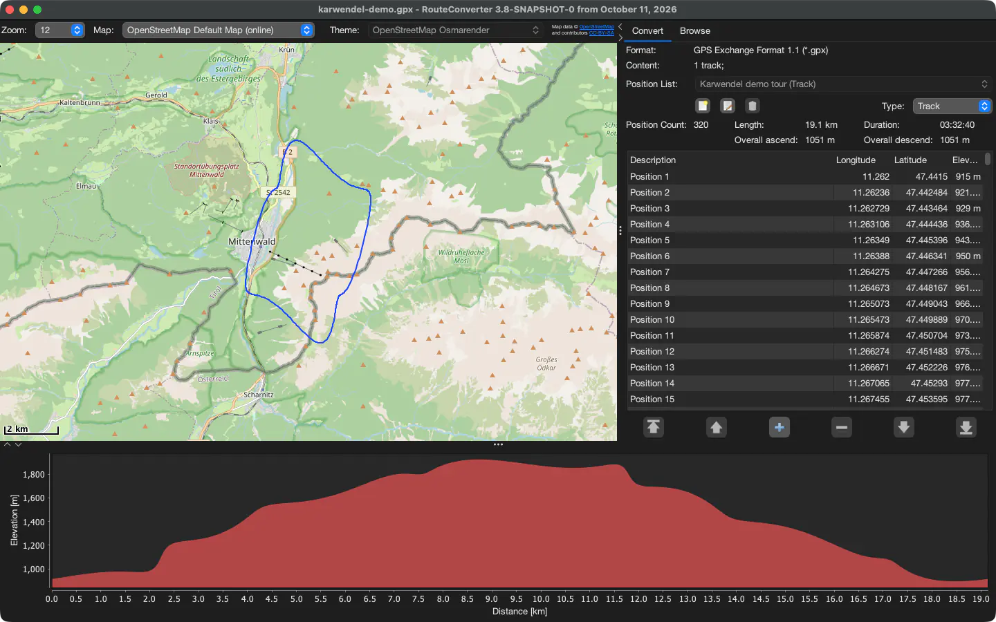 RouteConverter sous macOS avec une randonnée de démonstration près de Mittenwald, sa liste des positions et le profil d’altitude