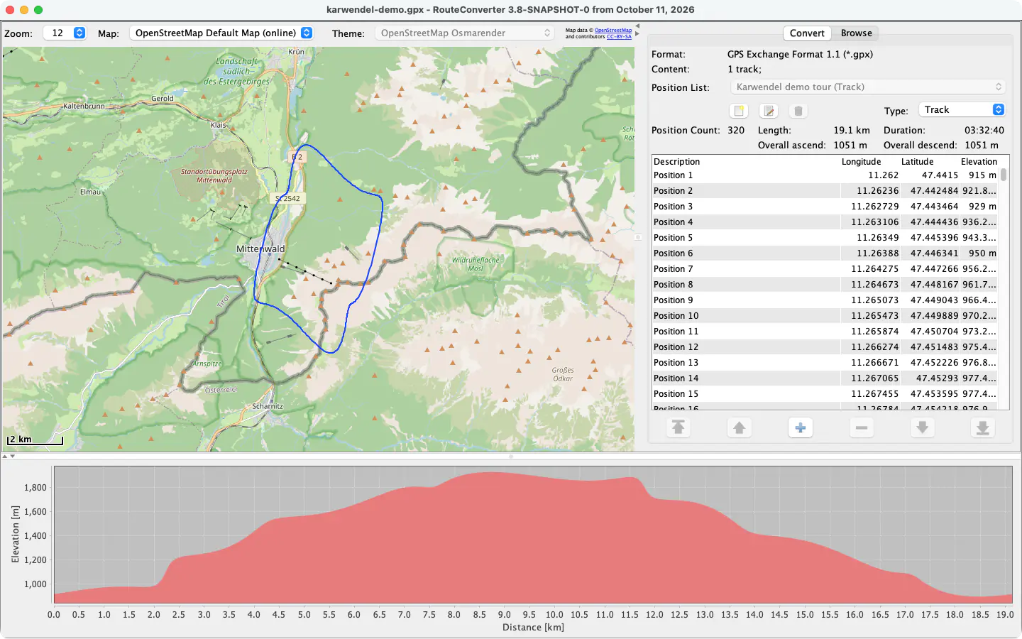RouteConverter sous macOS avec une randonnée de démonstration près de Mittenwald, sa liste des positions et le profil d’altitude