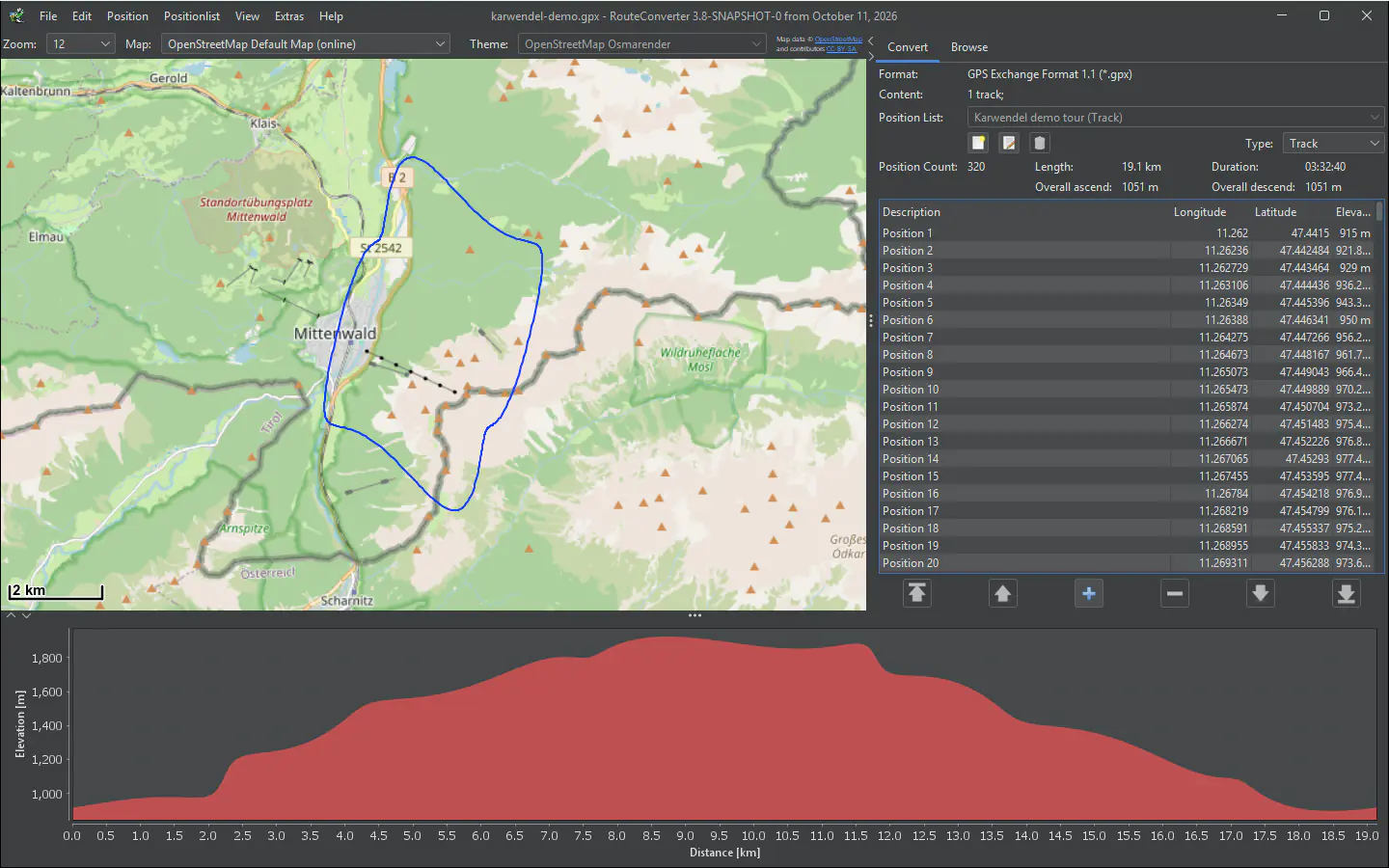 RouteConverter sous Windows avec une randonnée de démonstration près de Mittenwald, sa liste des positions et le profil d’altitude
