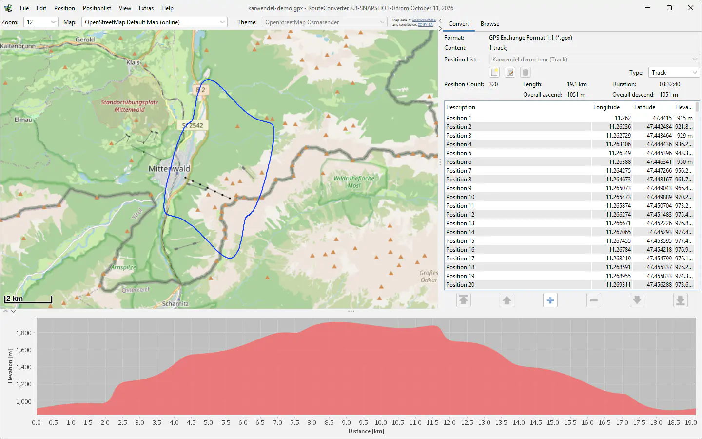 RouteConverter sous Windows avec une randonnée de démonstration près de Mittenwald, sa liste des positions et le profil d’altitude
