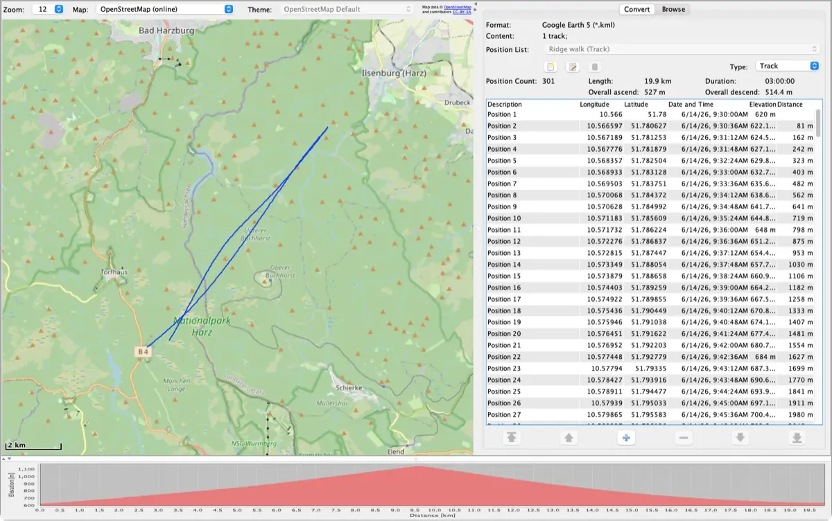 RouteConverter affichant sur la carte une trace KML de Google Earth d'une randonnée de crête dans le Harz, avec sa liste des positions et son profil d'altitude