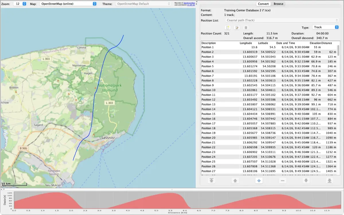 RouteConverter affichant sur la carte une trace TCX le long d'un sentier côtier à Rügen, avec sa liste des positions et son profil d'altitude